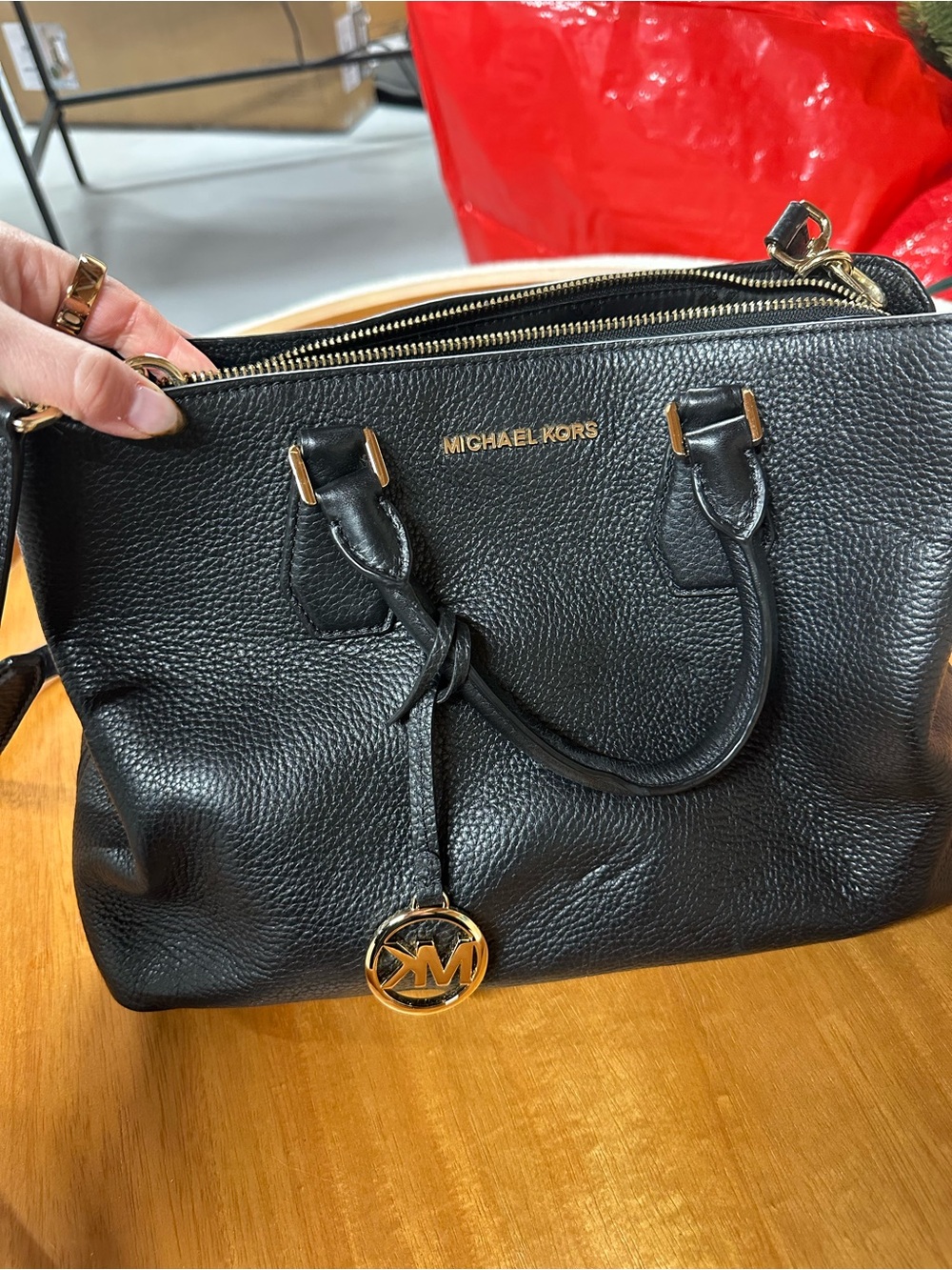 Michael Kors Black Pebbled Leather Satchel with Gold Hardware
